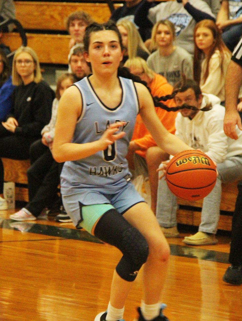 Prairie Central's Chloe Sisco  looks to set up for a shot against Peotone in their regional final Friday, Feb. 17. Sisco scored 5 points in the Hawks' 70-57 loss.