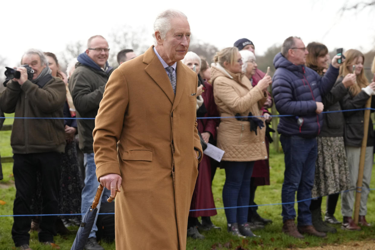 King Charles III leaves after attending the Christmas day service at St Mary Magdalene Church in Sandringham in Norfolk, England, Sunday, Dec. 25, 2022. (AP Photo/Kirsty Wigglesworth)