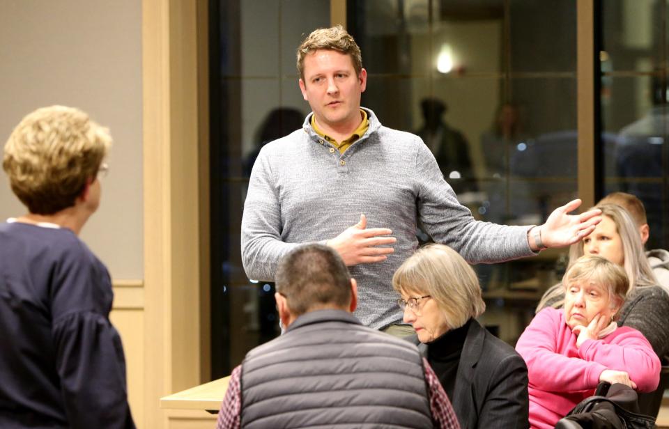 County Council member Bryan Tanner, District H, speaks Monday, March 6, 2023, at the Save Portage Manor town hall at the St. Joseph County Public Library sponsored by the local chapter of the NAACP.