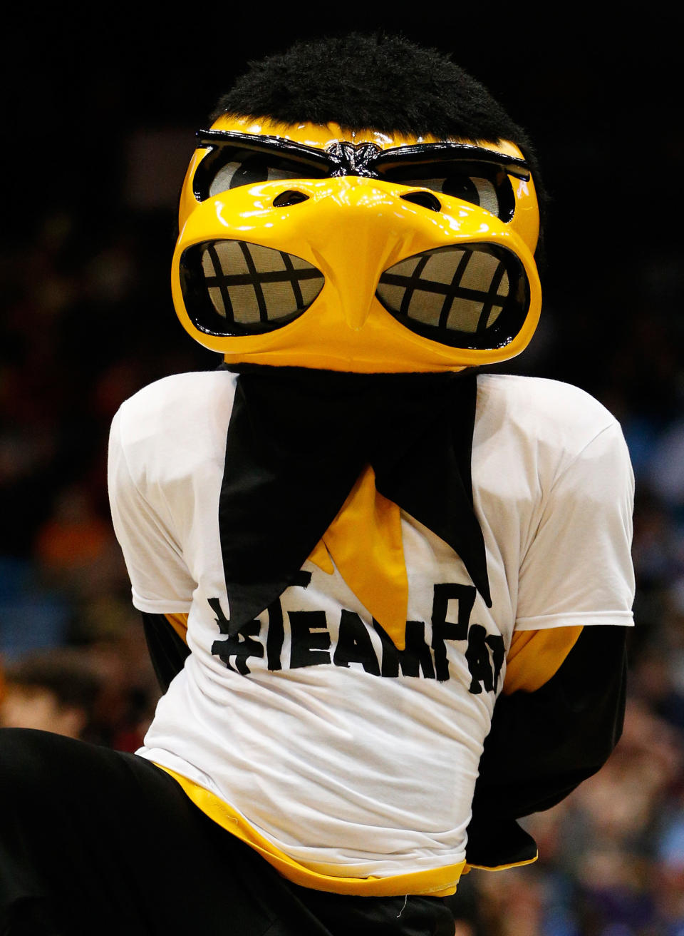 DAYTON, OH - MARCH 19:  The Iowa Hawkeyes mascot, Herky, performs during the first round of the 2014 NCAA Men's Basketball Tournament against the Tennessee Volunteers at UD Arena on March 19, 2014 in Dayton, Ohio.  (Photo by Gregory Shamus/Getty Images)