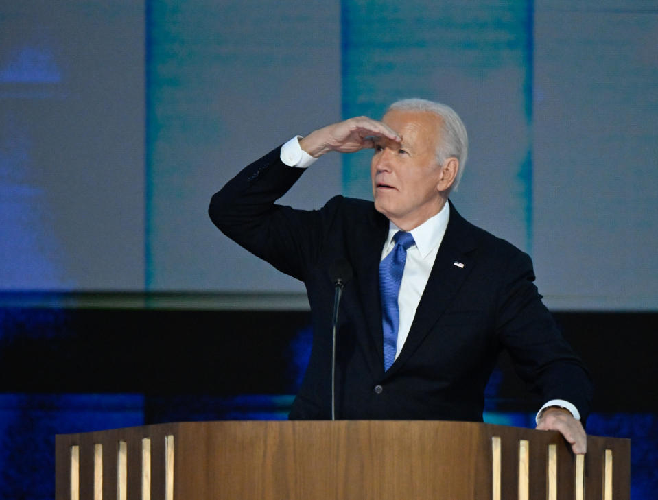 CHICAGO, ILLINOIS - August 19: President Joe Biden takes the stage before delivering the keynote speech during the first day of the Democratic National Convention on August 19, 2024, at the United Center in Chicago, Illinois.  Vice President Kamala Harris will formally accept the party's nomination for president at the DNC.
(Photo by Joe Lamberti for The Washington Post via Getty Images)