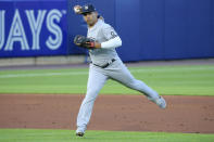 New York Yankees shortstop Gleyber Torres field a ball hit by Toronto Blue Jays Teoscar Hernandez for a out during the third inning of a baseball game, Tuesday, June 15, 2021, in Buffalo, N.Y. (AP Photo/Jeffrey T. Barnes)