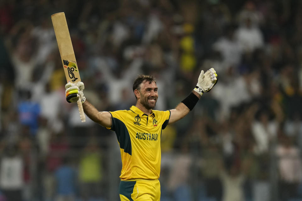 Australia's Glenn Maxwell celebrates after their win in the ICC Men's Cricket World Cup match against Afghanistan in Mumbai, India, Tuesday, Nov. 7, 2023. (AP Photo/Rajanish Kakade)