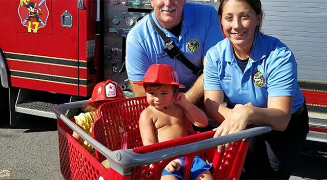 Emergency services took this photo with boy after he was freed. Source: News 6