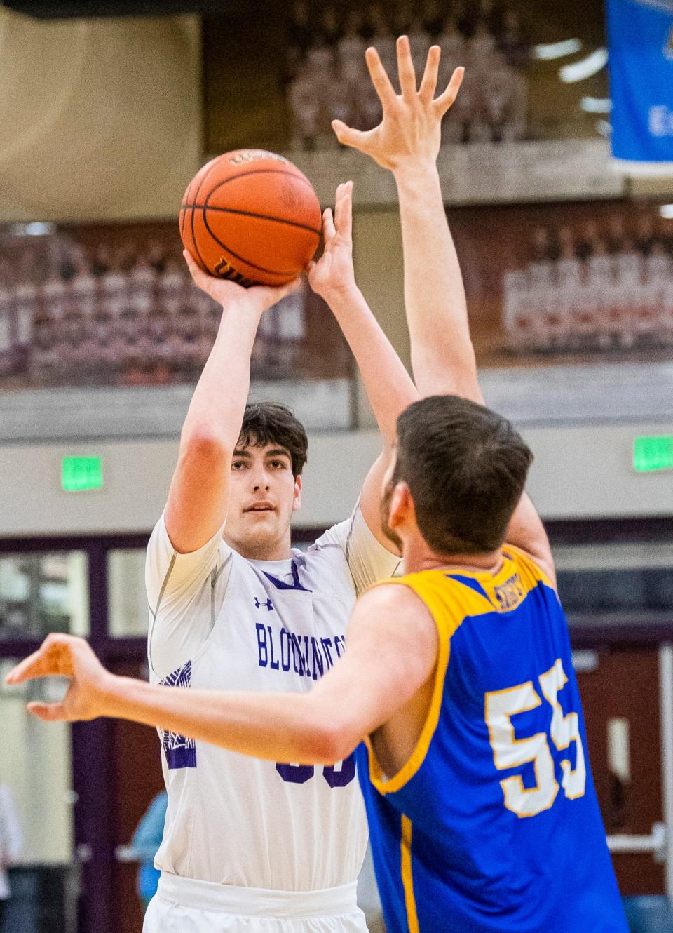 South's Rhett Johnson (33) shoots over Castle's Dylan Watson (55) during the Bloomington South versus Castle boys basketball game at Bloomington High School South on Friday, Jan. 20, 2023.