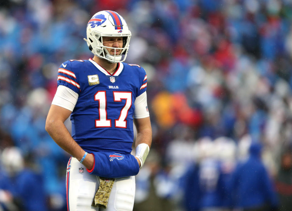 Josh Allen #17 of the Buffalo Bills looks 