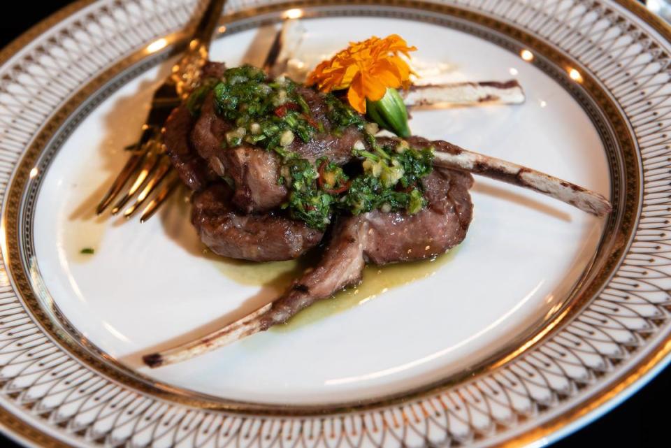 Lamb lollipops with chimichurri sauce at the Falcon’s Lair in Ripon, Calif., Thursday, March 30, 2023.