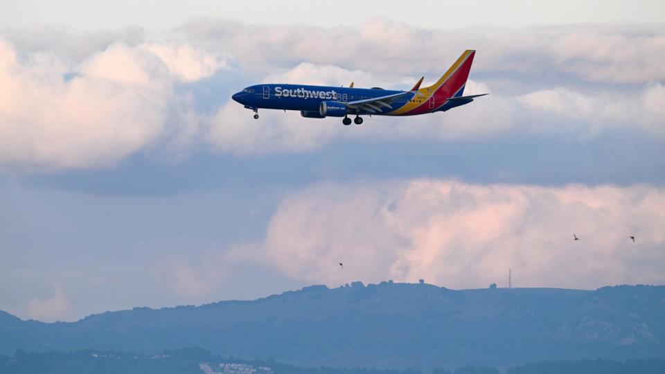 PHOTO: In this Feb. 8, 2024, file photo, a Southwest Airlines plane lands at San Francisco International Airport, in San Francisco, Calif. (Anadolu via Getty Images, FILE)