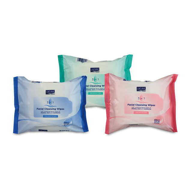 Lacura 3-in-1 Facial Cleansing Wipes – 89p - <a href="https://www.aldi.co.uk/en/product-range/health-beauty/lacura-skincare/skincare-range/skincare-product-detail-page/ps/p/3-in-1-facial-cleansing-wipes/" rel="nofollow noopener" target="_blank" data-ylk="slk:Aldi;elm:context_link;itc:0;sec:content-canvas" class="link ">Aldi<br></a><br>Remove your make-up with these handy face wipes that don't drag on skin like some other brands.