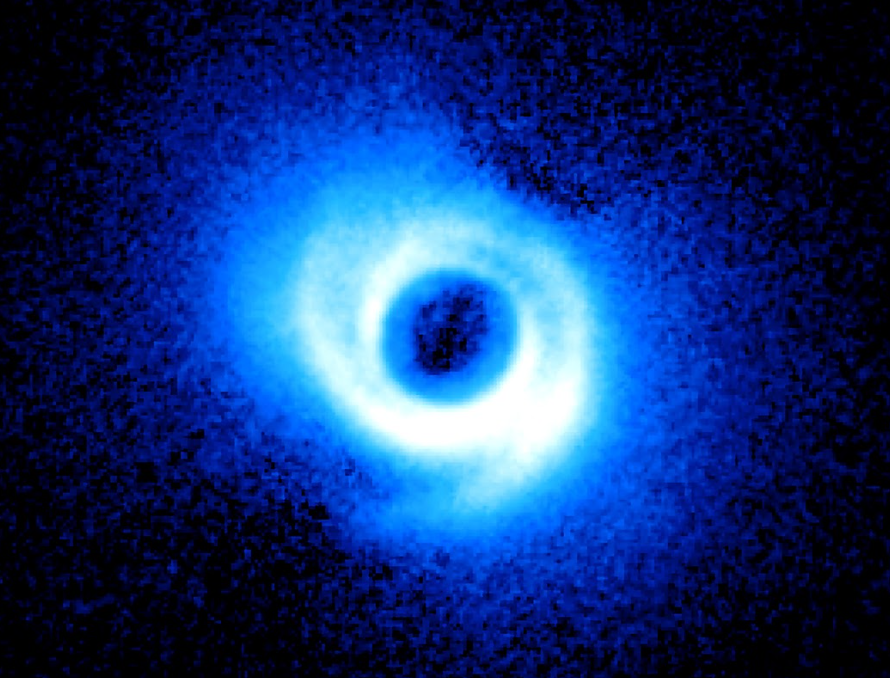 photo of a protoplanetary disk around a young star, with a blue-white spiral against the blackness of space