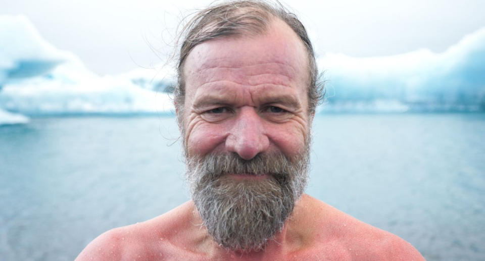 Wim Hof, pictured in Iceland, holds the Guinness World Record for swimming under ice, prolonged full-body contact with ice and for a barefoot half marathon on ice and snow. (Supplied)