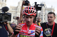 Primoz Roglic reacts after winning La Vuelta cycling race in Madrid, Spain, Sunday, Sept. 15, 2019. (AP Photo/Manu Fernandez)