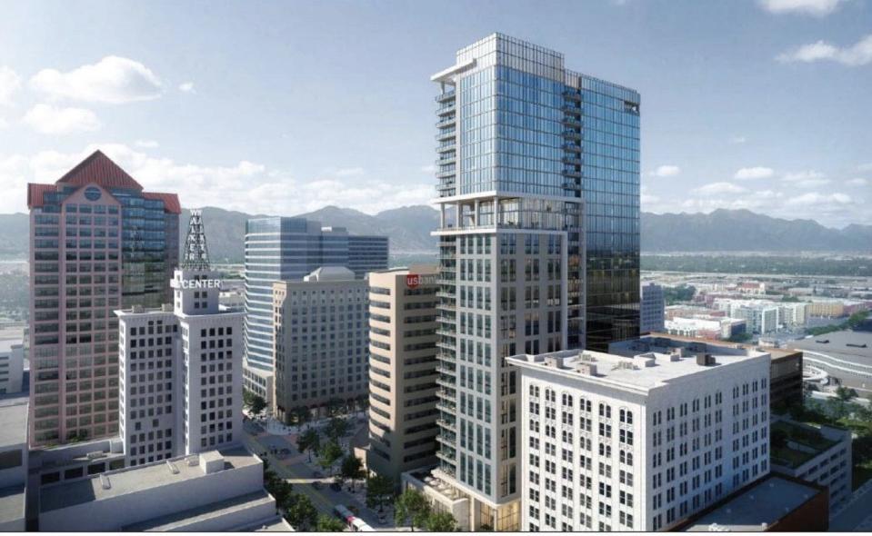 A rendering of the Main Street Tower planned for Salt Lake City. Construction on the building is facing delays, according to Hines.