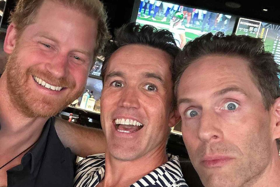 <p>Rob McElhenney/Instagram</p> Prince Harry, Rob McElhenney and Glenn Howerton smiled in a photo McElhenney posted on Instagram on Dec. 31, 2023.