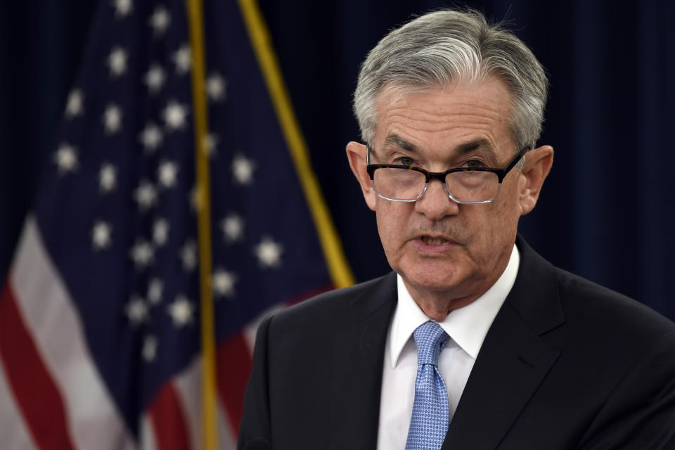 Federal Reserve Chair Jerome Powell speaks during a news conference in Washington, Wednesday, March 20, 2019. The Federal Reserve left its key interest rate unchanged Wednesday and projected no rate hikes in 2019, dramatically underscoring its plan to be "patient" about any further increases. (AP Photo/Susan Walsh)