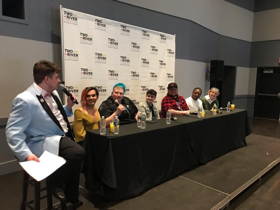 A six-person panel of transgender theater professionals and supporters holds a discussion on trans rights at Twin River 
Theater in Red Bank on March 26, 2023, with moderator Mac Allen, left.