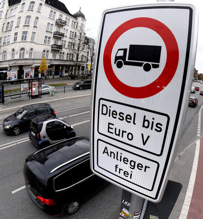 FILE PHOTO: Cars pass a traffic sign banning diesel cars on the Stresemannstrasse in downtown Hamburg, Germany, November 20, 2018. REUTERS/Fabian Bimmer