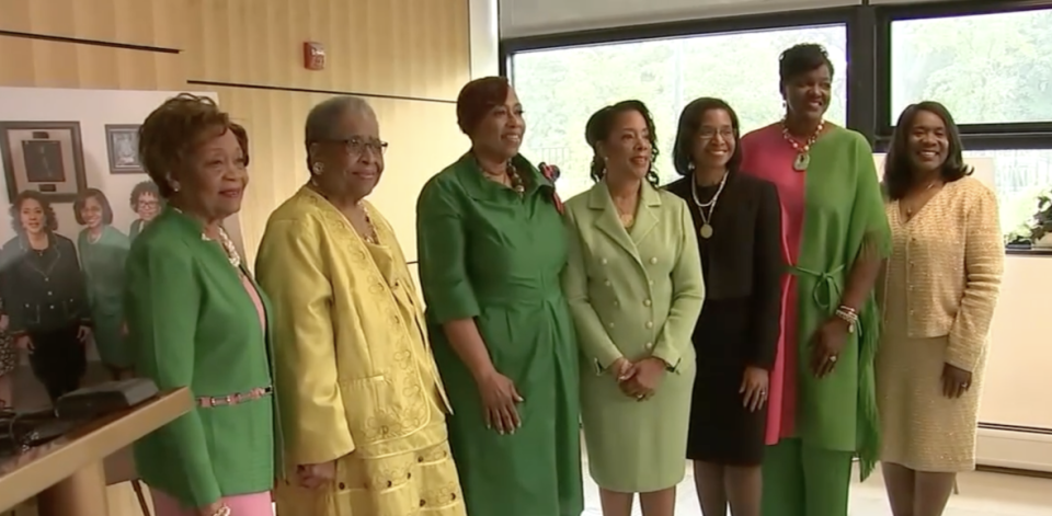 Screenshot of Sorority members at FMO event via ABC 7 Chicago (YouTube)