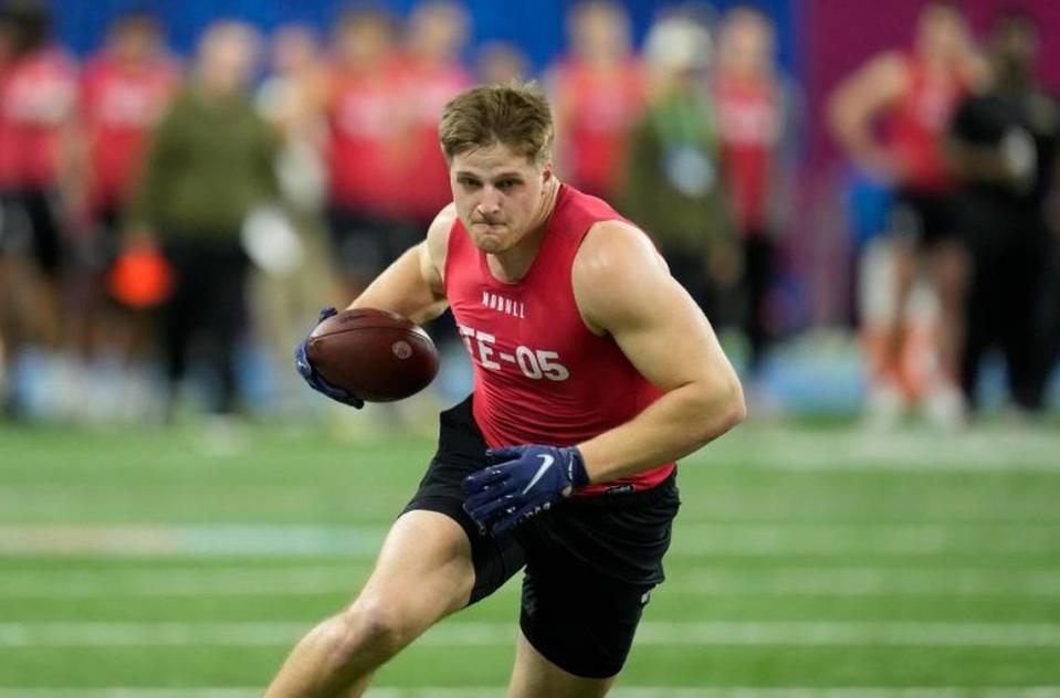 South Dakota State tight end Tucker Kraft runs a drill at the NFL scouting combine in Indianapolis, Saturday, March 4, 2023. This year’s draft class is deep in quality tight ends.