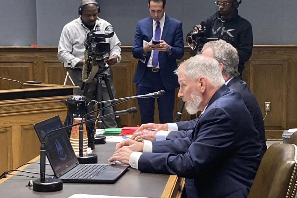 Former Louisiana State Police Col. Kevin Reeves, the head of the police at the time of the violent 2019 arrest of Ronald Greene, testifies Tuesday, March 15, 2022, before a legislative panel that has opened an "all-levels" probe into the Black motorists death. (AP Photo/Jim Mustian)