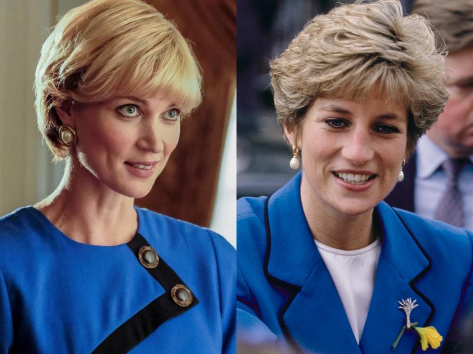 Bonnie Soper as Diana wearing blue top; and Princess Diana wearing a blue blazer