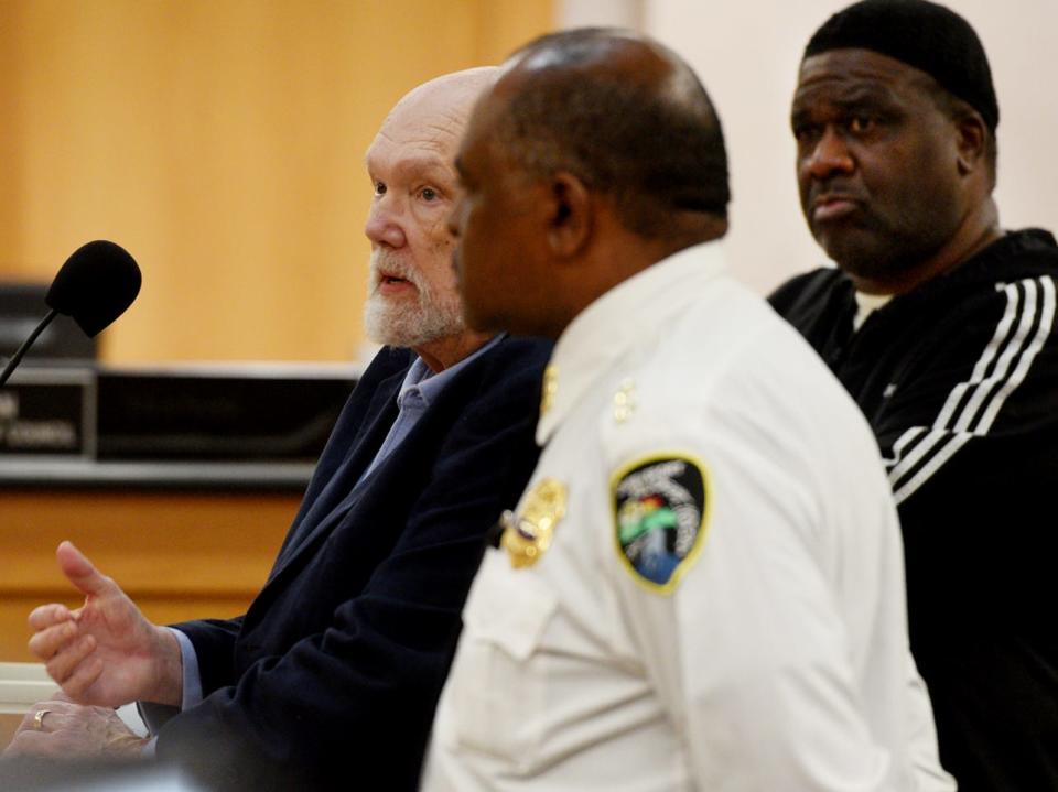 (Left to right) LSUS historian Gary Joiner, Police Chief Wayne Smith and activist Craig Lee speak about the Ann Brewster suicide case during a city council work session Monday March 11, 2024..