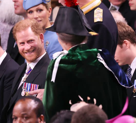 <p>Richard Pohle - WPA Pool/Getty</p> Prince Harry and Princess Anne at King Charles' coronation at Westminster Abbey on May 6, 2023.