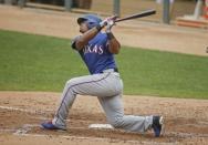 Jun 24, 2018; Minneapolis, MN, USA; Texas Rangers third baseman Adrian Beltre (29) strikes out to the Minnesota Twins in the sixth inning at Target Field. Mandatory Credit: Bruce Kluckhohn-USA TODAY Sports