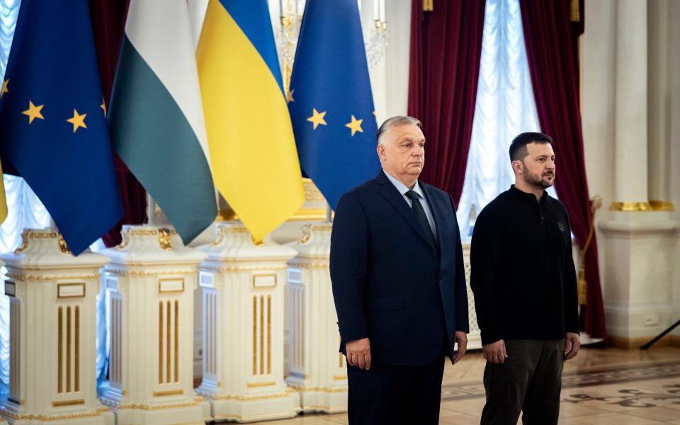 Ukrainian President Volodymyr Zelensky welcomes Hungarian Prime Minister Viktor Orban to Kyiv