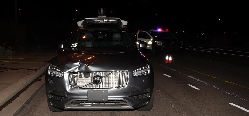 A photo of the self-driving Uber SUV in Tempe immediately following the fatal accident in March. (Photo: Tempe Police Department)