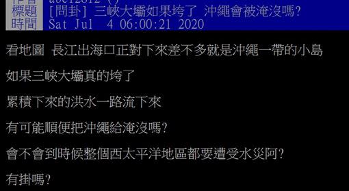 網友問，三峽大壩如果垮了，沖繩會被淹沒嗎？（圖／翻攝自PTT）