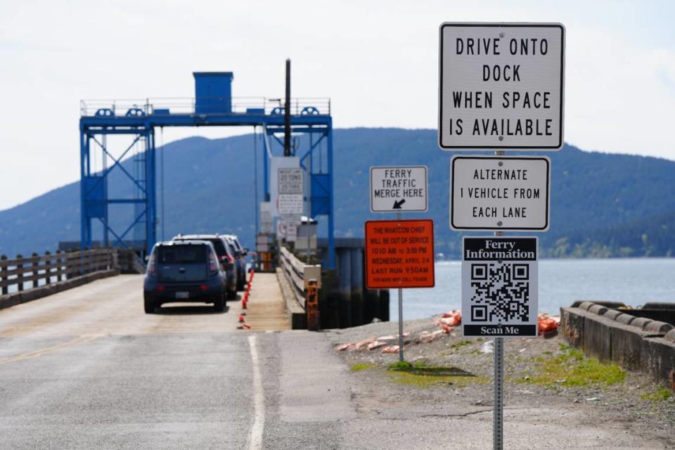 Vehicles line up to board the Lummi Island ferry from the Lummi Nation mainland on April 23, 2024, near Bellingham, Wash.