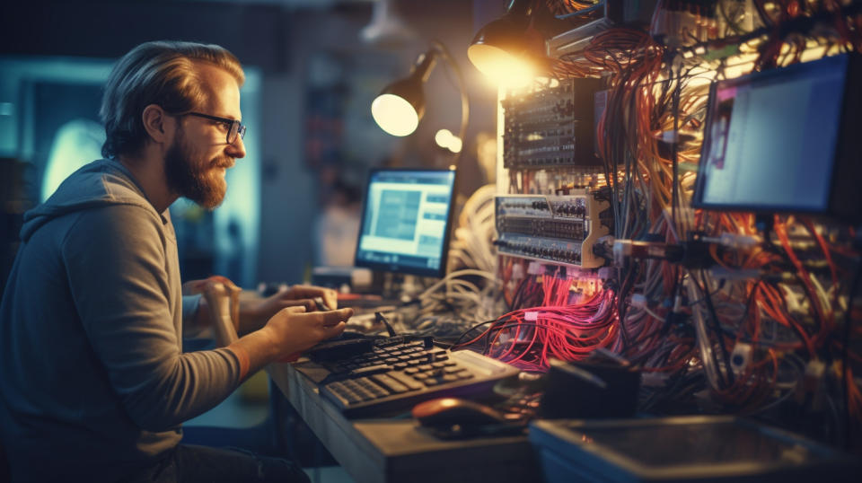 A customer service person helping a client with a complex network issue, illustrating the customer support of the communication equipment company.