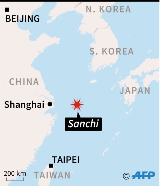 <p>Map showing the approximate spot where the Iranian oil tanker Sanchi sank on Sunday, eight days after a collision with a cargo vessel. (AFP Photo/Dario INGIUSTO) </p>