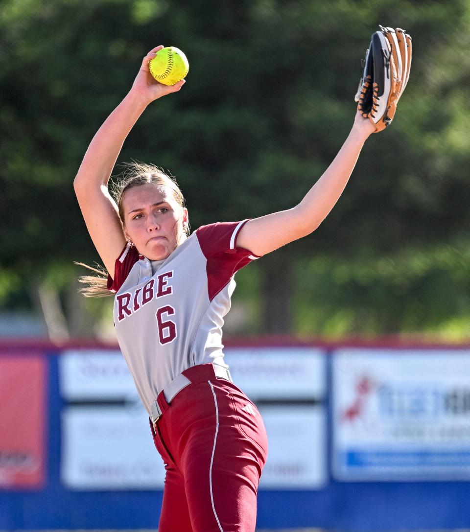 Tulare Union's Mason Hatton pitches against Tulare Western in a West Yosemite League high school softball game on Wednesday, April 26, 2023. 