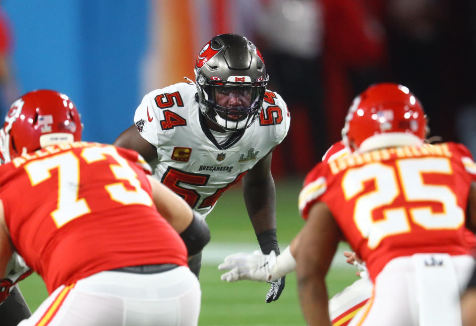 Feb 4, 2021; Tampa, FL, USA; Tampa Bay Buccaneers linebacker Lavonte David (54) against the Kansas City Chiefs in Super Bowl LV at Raymond James Stadium. Mandatory Credit: Mark J. Rebilas-USA TODAY Sports