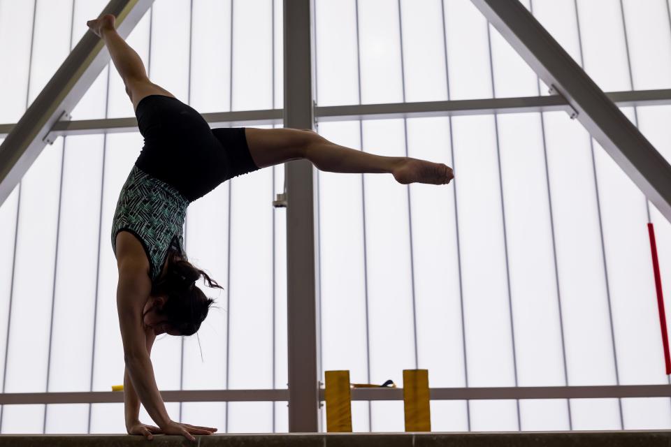 Bel Air girls gymnastics prepare for State at practice on Thursday, April 14, 2024. Bel Air will host state at their gym.