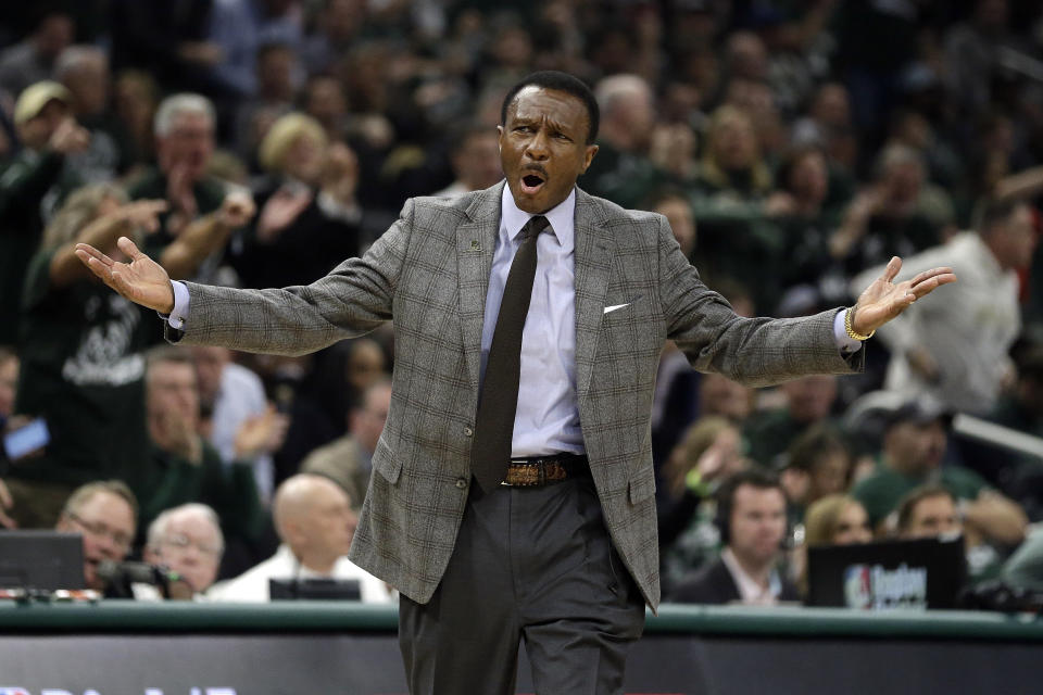 Detroit Pistons coach Dwane Casey yells to an official during the first half of Game 2 of the team's NBA basketball first-round playoff series against the Milwaukee Bucks on Wednesday, April 17, 2019, in Milwaukee. (AP Photo/Aaron Gash)