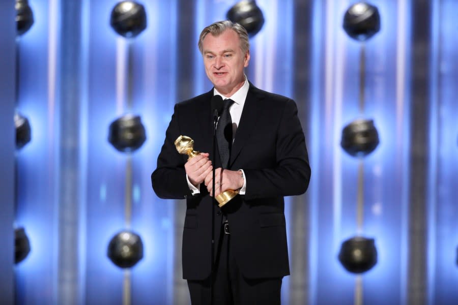 This image released by CBS shows Christopher Nolan accepting the award for best director for “Oppenheimer” during the 81st Annual Golden Globe Awards in Beverly Hills, Calif., on Sunday, Jan. 7, 2024. (Sonja Flemming/CBS via AP)