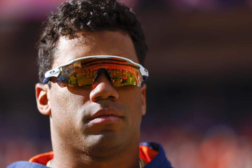 DENVER, COLORADO - OCTOBER 23: Russell Wilson #3 of the Denver Broncos watches his team warm up before their game against the New York Jets at Empower Field At Mile High on October 23, 2022 in Denver, Colorado. (Photo by Justin Edmonds/Getty Images)