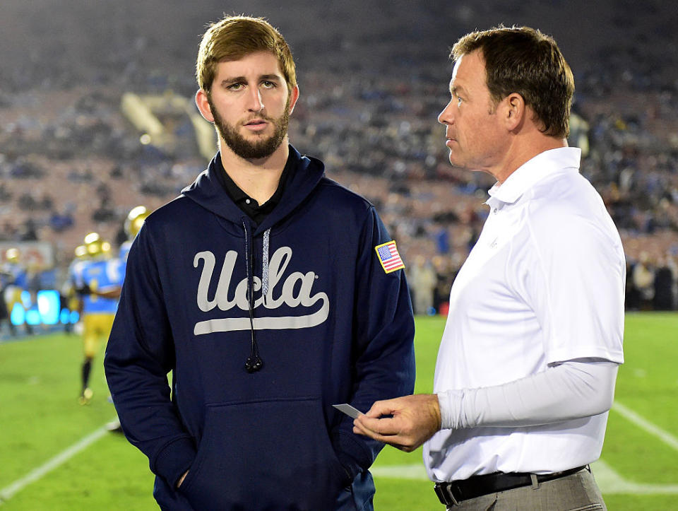 UCLA quarterback Josh Rosen (L) sparked a conversation when he said college football and school don’t go together. (Getty Images)