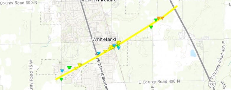 The path of a confirmed tornado during March 31, 2023 storms near Whiteland.