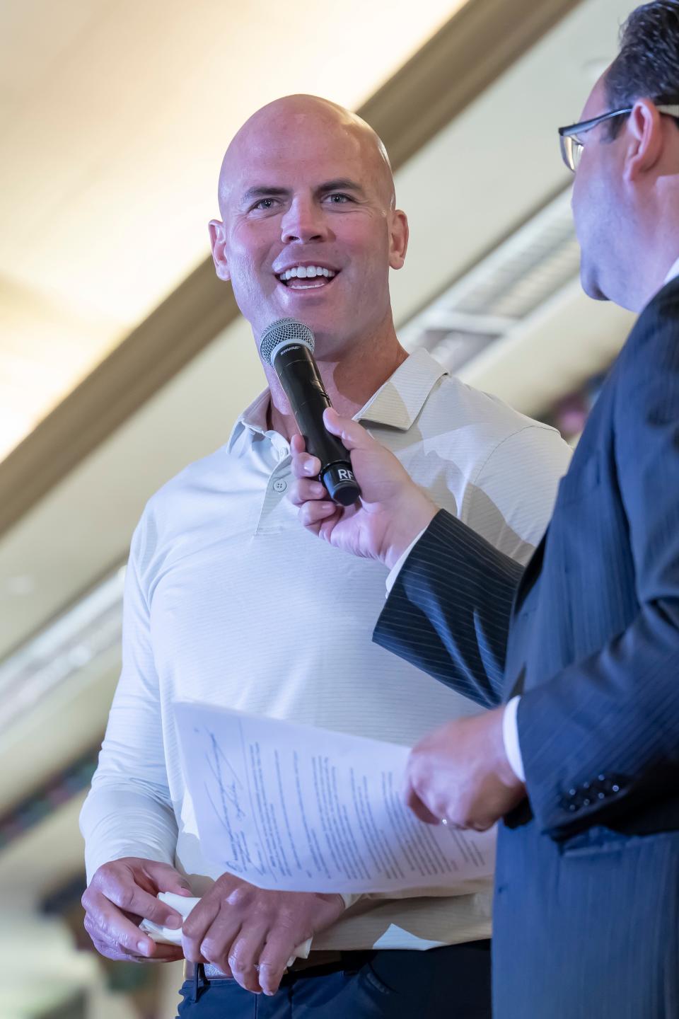 Clayton Richard speaks at the National Football Foundation’s Joe Tiller Chapter Honors Brunch, Sunday, Jun. 9, 2024 in West Lafayette, Ind.