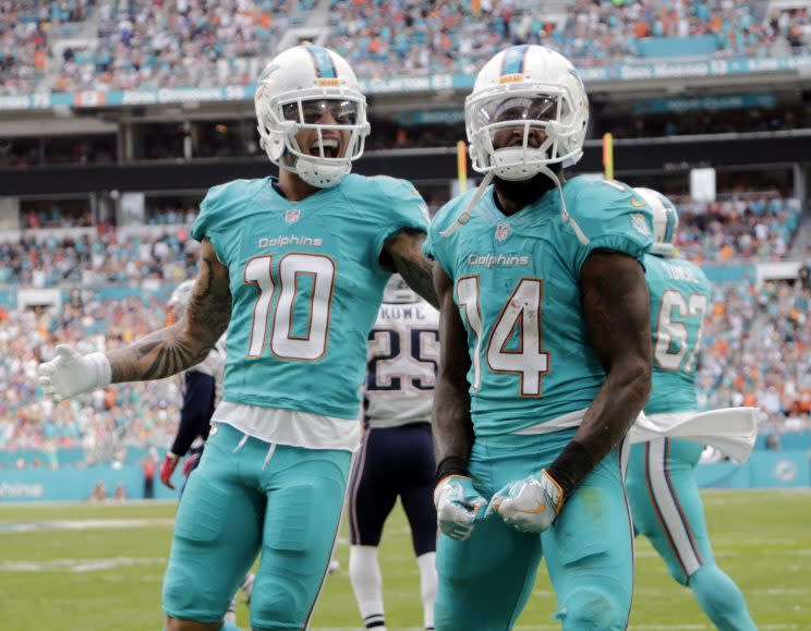 Jarvis Landry (14) was fined heavily for his celebration after scoring in Week 17. (AP)