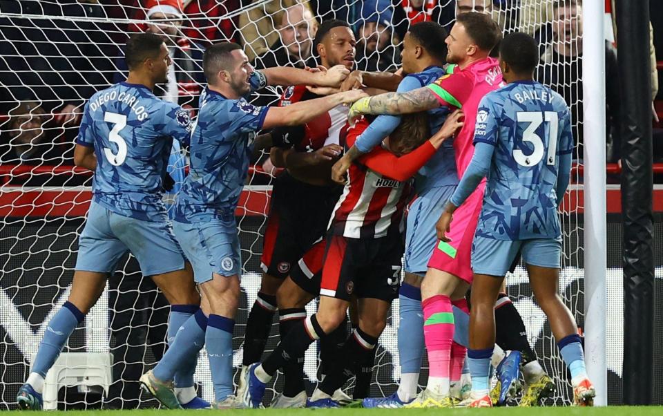 Fight broke out between players after Aston Villa's Ollie Watkins scored his second goal