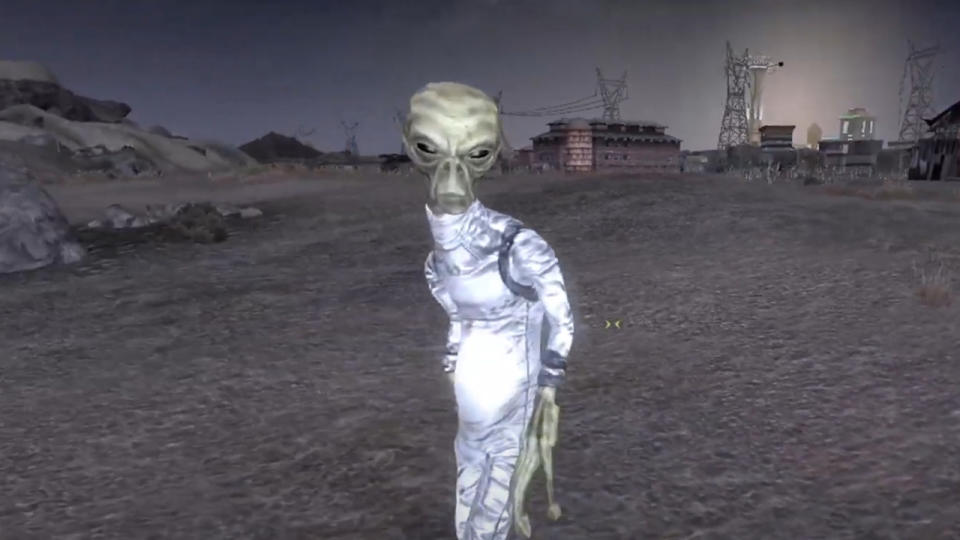 A Zetan alien from the Fallout universe stood in the wasteland.