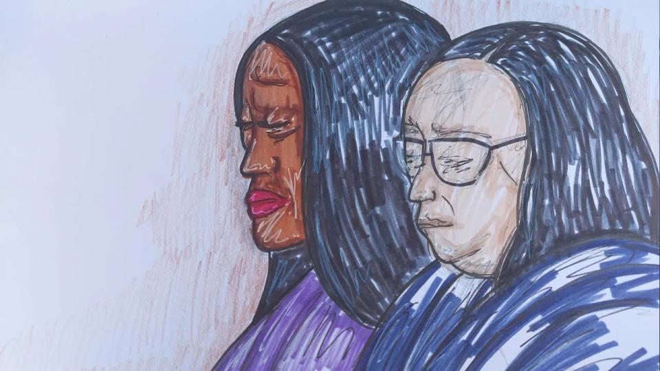 <div>Court drawings show Fulton County Commissioner Natalie Hall taking the stand to answer questions about the EEOC complaint filed against her.</div> <strong>(Lauren Lacy)</strong>