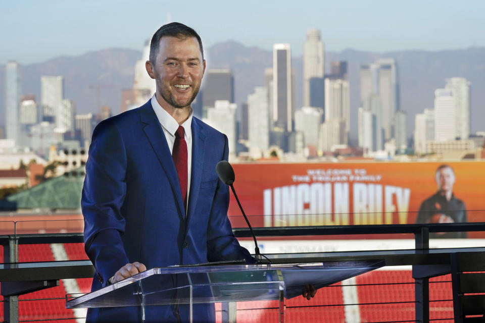 Lincoln Riley, the new head football coach of the University of Southern California, speaks during a ceremony in Los Angeles, Monday, Nov. 29, 2021. (AP Photo/Ashley Landis)