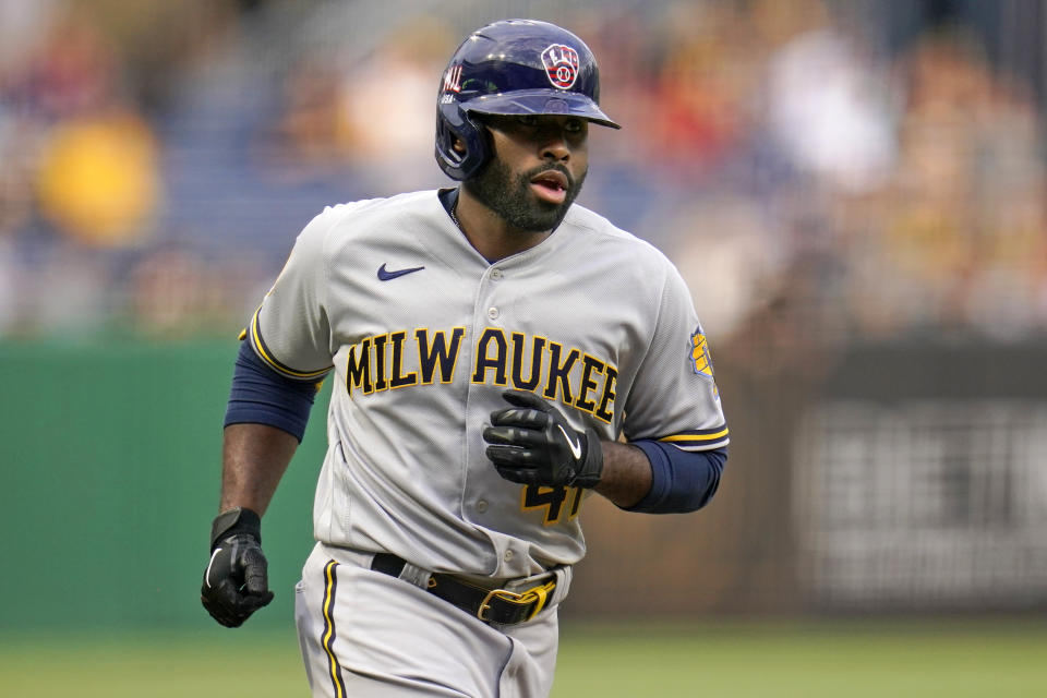Milwaukee Brewers' Jackie Bradley Jr. rounds third after hitting a solo home run off Pittsburgh Pirates starting pitcher JT Brubaker during the second inning of a baseball game in Pittsburgh, Friday, July 2, 2021. (AP Photo/Gene J. Puskar)