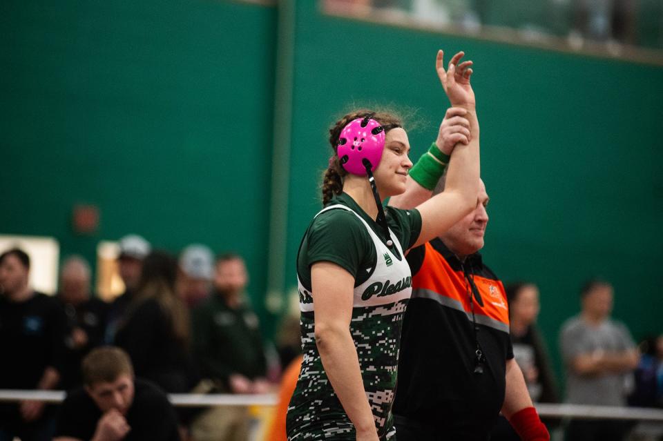 Pleasantville's Adriana Palumbo wins the title after wrestling Homer's Lily Sorenson for the girls 165 pound weight class title during Eastern State Classics at SUNY Sullivan in Loch Sheldrake, NY on Saturday, January 13. 2024.